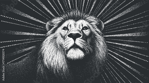 A striking black and white illustration of a lion's face with radiating lines symbolizing power.