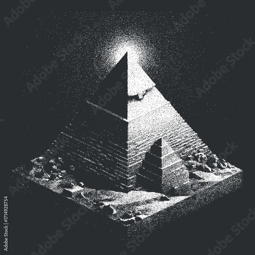 A striking geometric illustration of a pyramid with light emanating from its peak.