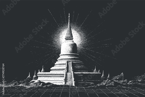 A stunning black and white illustration of a Buddhist temple against a radiant backdrop.