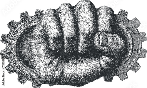 A powerful illustration of a fist breaking through gears symbolizing strength and industry.