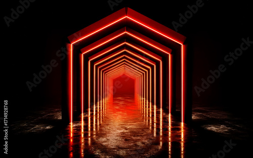 Red neon light forming a tunnel with reflective floor