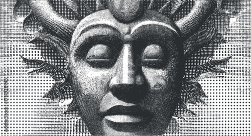 Abstract monochrome sculpture depicting a serene face with intricate details and patterns.