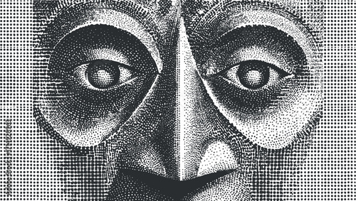 A striking monochrome illustration of a face featuring abstract eyes and textures.