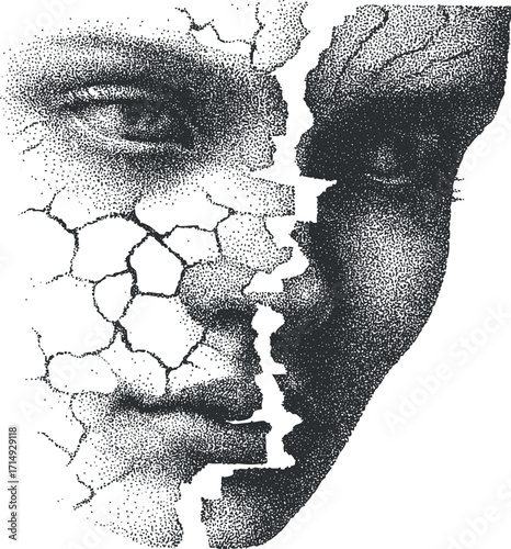 An abstract illustration of a cracked face, symbolizing emotional depth and fragility.