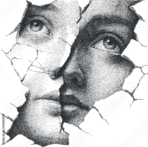 A creative illustration depicting a cracked surface revealing a delicate portrait of a face.