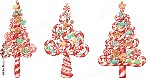 Christmas candy tree illustration with gingerbread cookies, lollipops, sweets, peppermint, festive holiday decoration, vector design for seasonal celebration content