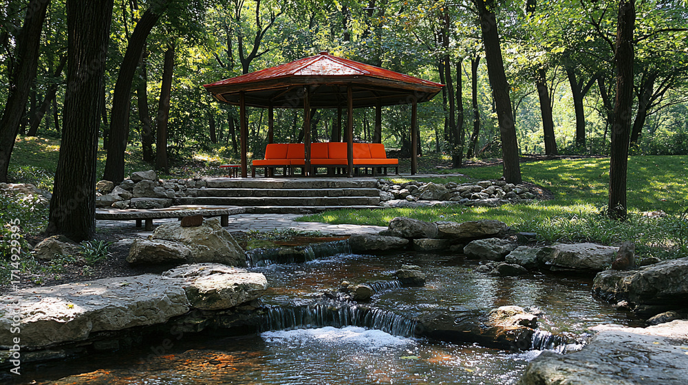 Obraz premium Relaxation spot with orange seating and stone features near a sm