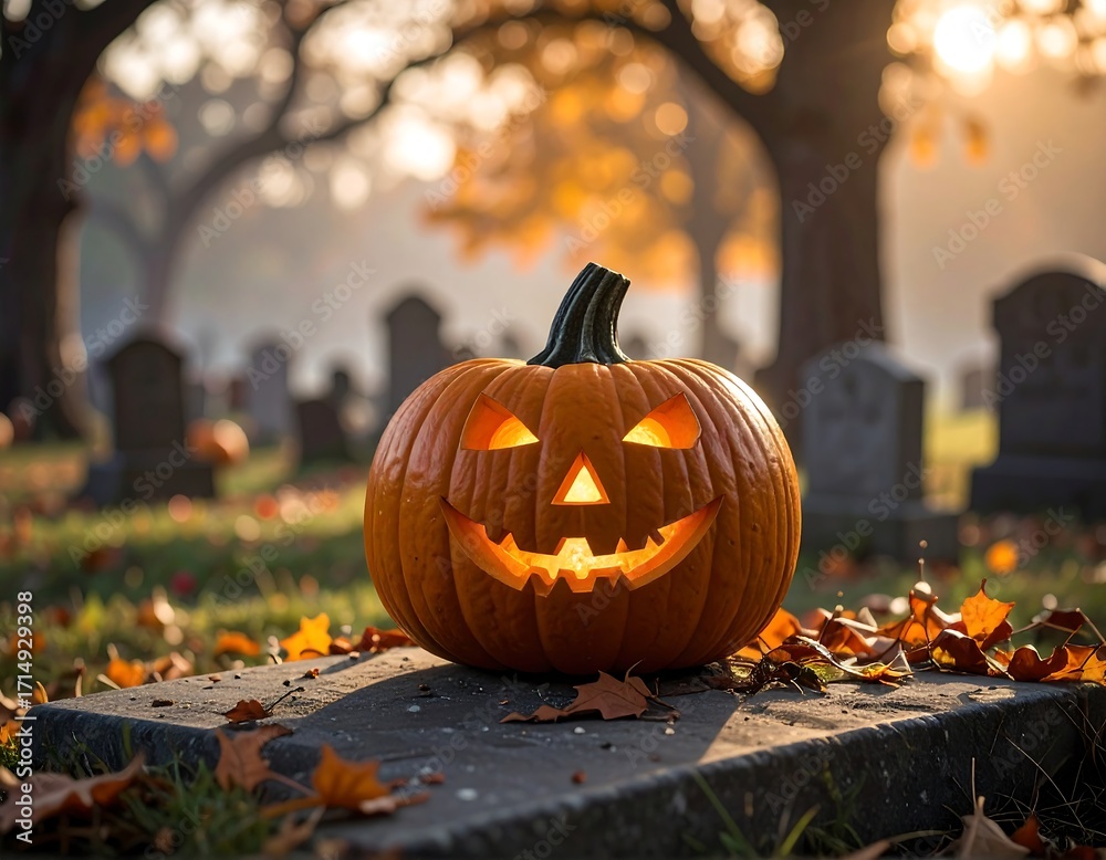 Fototapeta premium Glowing jack-o'-lantern in cemetery