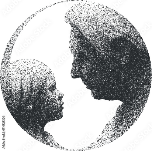 A touching silhouette of a child and parent, symbolizing love and connection in a circular design.