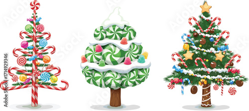 Colorful Christmas candy trees illustration, holiday festive decorations, sweet peppermint tree design, candy cane ornaments, gingerbread cookies, cartoon vector seasonal artwork