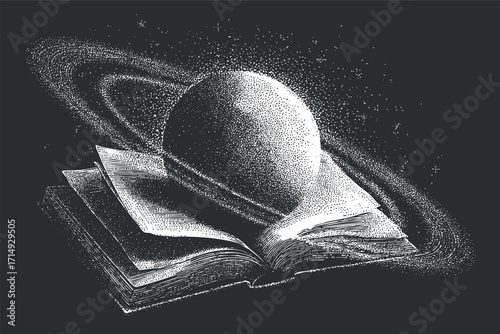 An artistic illustration of an open book with a planet and rings representing space and knowledge.