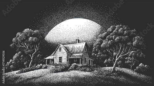 A serene black and white illustration of a house under a large moon surrounded by trees.