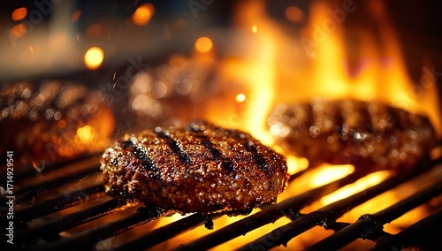 Tasty beef patties grilling over open flame with smoky fire sparks, sizzling barbecue burgers on the grill, food background for fast food, restaurant, or BBQ concept