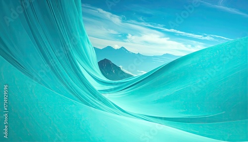 Abstract Turquoise Wave Texture Against a Sky Blue Gradient with Distant Mountain Landscape Wallpaper Background