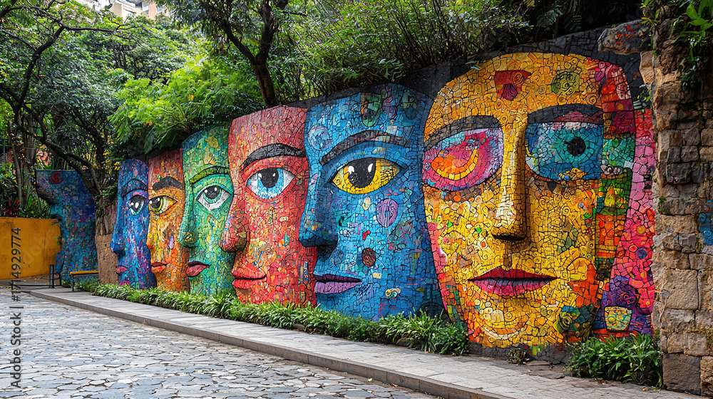 Fototapeta premium Colorful mural depicting six diverse faces along a vibrant urban