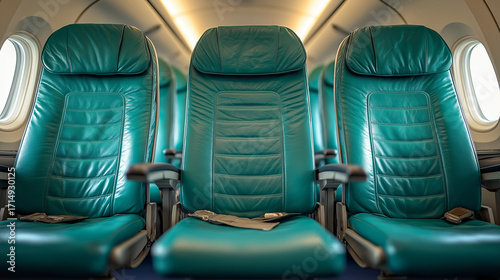 Comfortable teal airplane seats with seatbelts ready for passeng