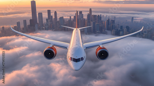 Airplane flying high above city skyline during sunset with cloud