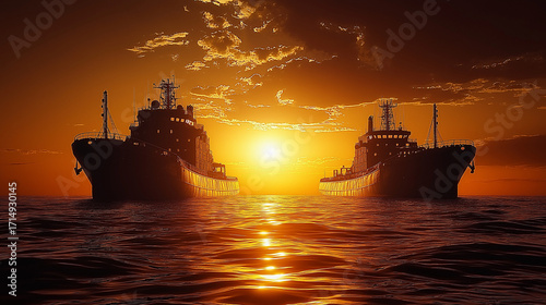 Ships enjoy a peaceful sunset on the horizon in a calm ocean set