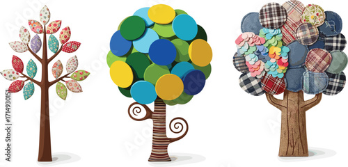 Creative patchwork trees illustration, colorful fabric texture leaves, abstract nature design vector, handmade eco friendly decoration, artistic collage style art