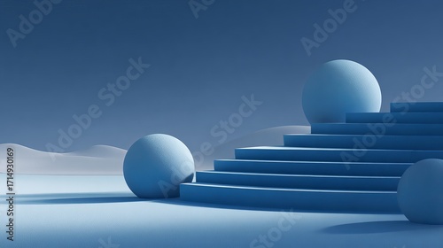 Minimalist abstract scene with blue spheres and modern geometric stairs creating a serene, futuristic backdrop