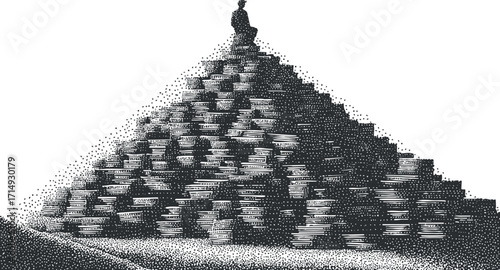 A person stands atop a pyramid made of coins symbolizing wealth and financial success.
