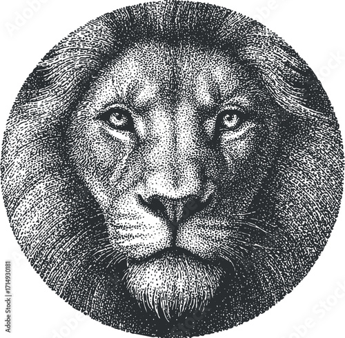 Detailed black and white illustration of a lion's face in a circular design.