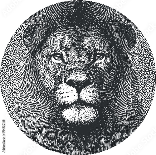 Detailed black and white illustration of a lion's face in a circular design.