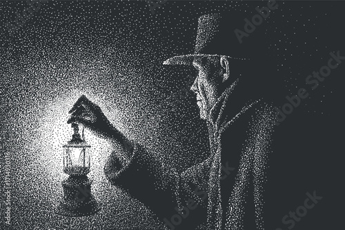 A vintage lantern held by a man in silhouette, illuminating a dark scene with mystery.