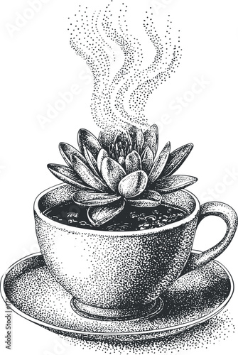 A creative illustration of a steaming cup with a lotus flower, blending nature and beverage.