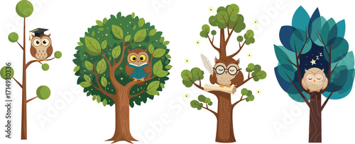 Cute owl illustration sitting on trees with graduation cap, reading book, sleeping at night, vector education concept, wisdom, knowledge, learning
