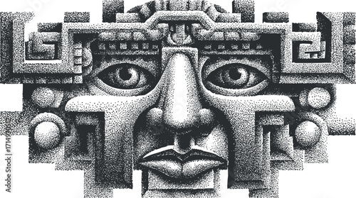 Intricate black and white illustration of an ancient artifact with geometric patterns and a face.