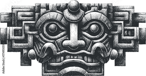 Intricate Aztec mosaic art featuring a mythical face with geometric designs and details.