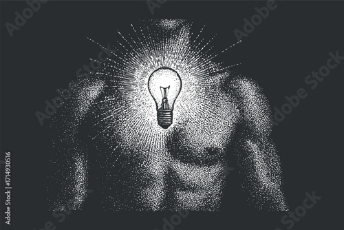A creative illustration of a muscular torso with a light bulb symbolizing inspiration and strength.