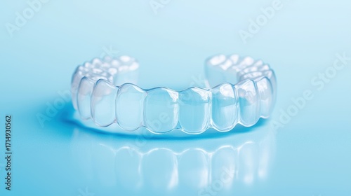 Clear dental aligners displayed on a soft blue background, showcasing their transparent design for teeth straightening.