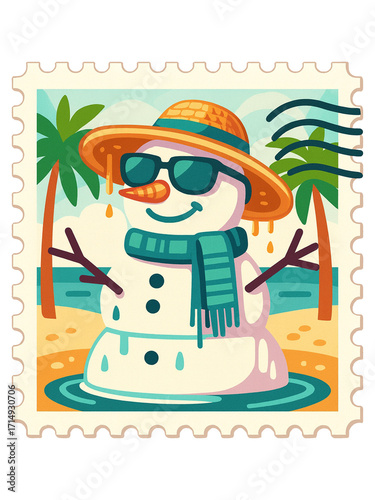 Tropical Snowman on the Beach Summer Christmas Holiday Stamp
