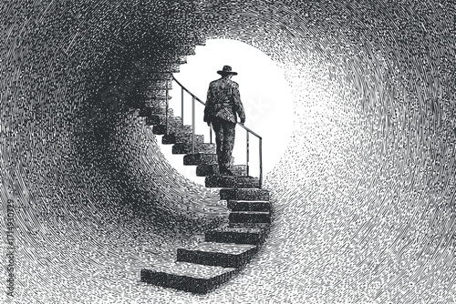 A solitary man ascends a spiral staircase in a surreal black and white illustration.