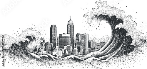 A stylized black and white illustration of a city skyline with an ocean wave.