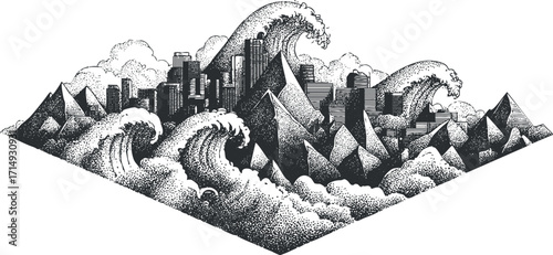 A striking illustration of waves crashing over a city skyline with mountains in the background.