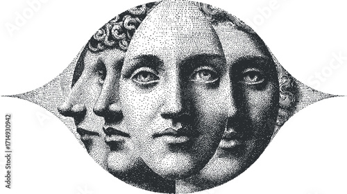 Artistic illustration featuring four distinct faces in a vintage style with intricate details.