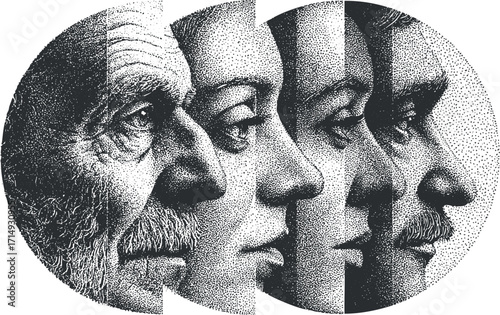 Artistic illustration of diverse human profiles representing different ages and emotions in monochrome.