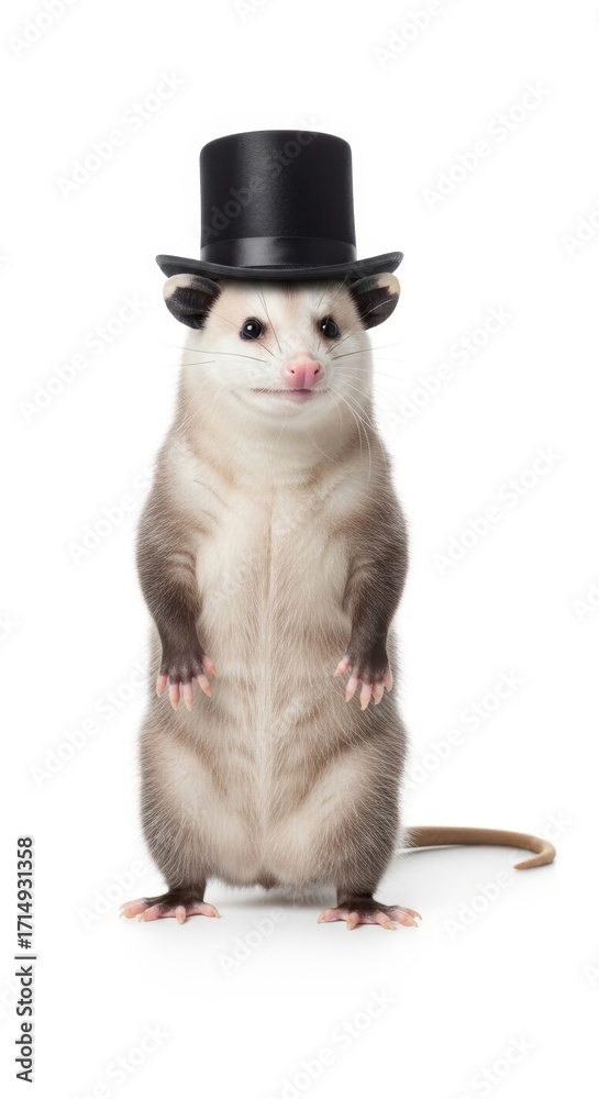 Naklejka premium opossum wearing a top hat, formal attire, on a solid white background