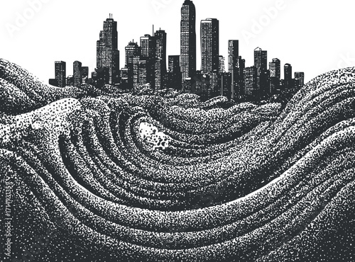 A striking black and white illustration of ocean waves crashing against a city skyline.