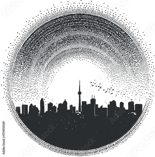 Stylized silhouette of Toronto skyline with dotted circular pattern and birds flying overhead.