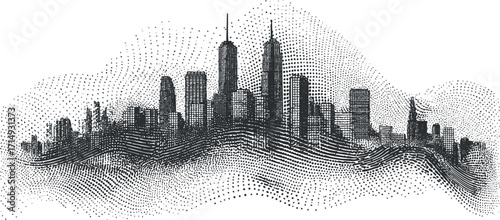 Stylized black and white skyline illustration featuring modern urban architecture in an abstract design.