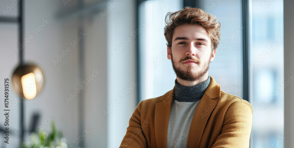 Naklejka premium Confident Young Man in Stylish Attire Posing in Modern Office Environment