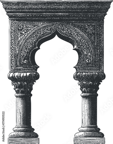 An ornate architectural arch with intricate carvings and detailed columns showcasing historical design.