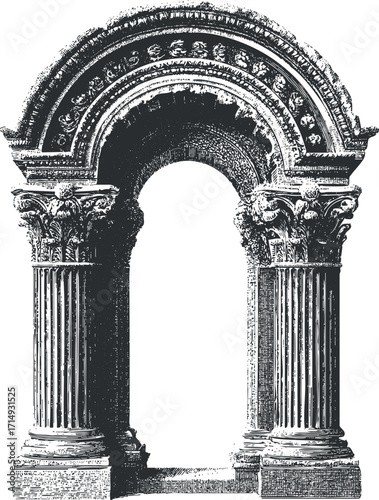 Detailed illustration of a classical arch with ornate columns and decorative elements.