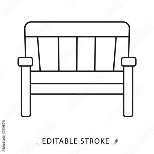 A bench icon in minimalist style with editable stroke. Outdoor furniture, park seat, garden decor, wooden bench, relaxation element, urban design, simple seating, public place symbol.