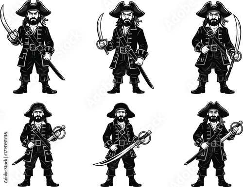 Pirate, swordsman, captain, corsair, buccaneer, character, illustration, vector, art, design, adventure, historic, costume, sea, enemy, fighter, fantasy, old, treasure, warrior