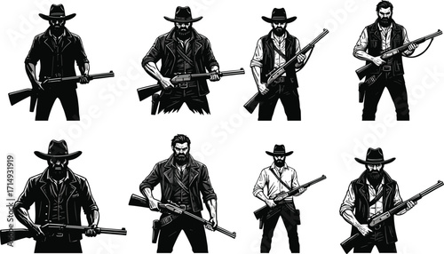 Set of wild west cowboy gunmen holding rifles and shotguns, outlaw western characters vintage style vector illustration for stock content.